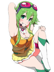Rule 34 | 1girl, arm behind back, arm up, armpits, bare shoulders, boots, breasts, brooch, cleavage, collar, frilled skirt, frills, goggles, goggles on head, green eyes, green hair, grin, gumi, headset, highres, jewelry, knee boots, knee up, large breasts, looking at viewer, nishikino kee, orange shirt, orange skirt, red goggles, shirt, sitting, skirt, smile, solo, thigh strap, vocaloid, white collar