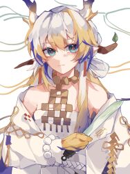 Rule 34 | 1girl, arknights, bare shoulders, blue eyes, blue hair, brown hair, closed mouth, commentary request, dragon horns, earrings, grey hair, highres, holding, horns, jacket, jewelry, long sleeves, looking at viewer, multicolored hair, off shoulder, open clothes, open jacket, pointy ears, puffy long sleeves, puffy sleeves, shu (arknights), smile, solo, strapless, streaked hair, upper body, white background, white jacket, xiaochimeishuixing