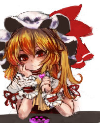 Rule 34 | 1girl, :t, ascot, blonde hair, candy, choker, female focus, flandre scarlet, food, gobou, gobou (gbu), hat, head rest, heart, red eyes, short hair, side ponytail, simple background, sketch, solo, touhou, valentine, white background, wrist cuffs