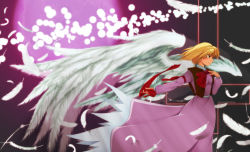 Rule 34 | 1girl, angel wings, blonde hair, bow, bowtie, copyright name, dress, feathered wings, feathers, female focus, full moon, gengetsu (touhou), highres, kanimiso, moon, pink dress, profile, ribbon, short hair, solo, touhou, touhou (pc-98), wind, wings, yellow eyes