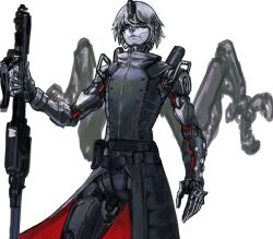 Rule 34 | 1boy, 202vincent, black coat, closed mouth, coat, colored skin, cowboy shot, extra arms, grey hair, grey skin, hand up, holding, holding weapon, humanoid robot, looking at viewer, male focus, original, red eyes, robot, short hair, simple background, solo, standing, two-sided coat, two-sided fabric, weapon, white background