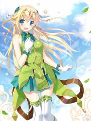 Rule 34 | 1girl, :d, blonde hair, blue eyes, blue sky, braid, character request, cloud, cloudy sky, commentary request, cover image, day, elf, gloves, hair ornament, leaf, long hair, looking at viewer, mitsuki, official art, open mouth, pointy ears, saikyou no shuzoku ga ningen datta ken, single braid, sky, smile, solo, thighhighs, white gloves, white thighhighs, wind, yano mitsuki (nanairo), zettai ryouiki