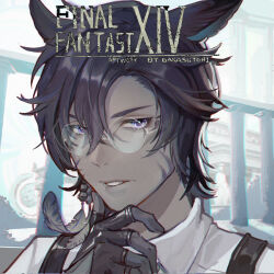 Rule 34 | 1boy, animal ears, artist name, black gloves, black hair, cat boy, cat ears, colored skin, copyright name, english text, facial mark, feather hair ornament, feathers, final fantasy, final fantasy xiv, fingerless gloves, glasses, gloves, grey skin, guan tang baozi, hair ornament, hand on own chin, male focus, miqo&#039;te, parted lips, purple eyes, round eyewear, shirt, short hair, solo, upper body, warrior of light (ff14), whisker markings, white shirt