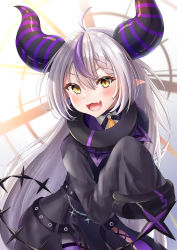 Rule 34 | 1girl, :d, ahoge, black dress, blush, braid, collar, commentary request, demon horns, dress, fang, hair between eyes, highres, hololive, horns, la+ darknesss, long hair, long sleeves, looking at viewer, metal collar, multicolored hair, numeribito, open mouth, purple hair, purple legwear, simple background, skin fang, sleeves past fingers, sleeves past wrists, smile, solo, streaked hair, striped horns, tail, very long hair, virtual youtuber, yellow eyes