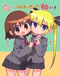 Rule 34 | 2girls, anniversary, black ribbon, black skirt, blonde hair, blue eyes, brown background, brown eyes, brown hair, cheek-to-cheek, closed mouth, cowboy shot, finger counting, frown, green background, grey jacket, hair ribbon, heads together, highres, index finger raised, jacket, kill me baby, leaning forward, long sleeves, looking at viewer, multiple girls, necktie, open mouth, oribe yasuna, outline, pleated skirt, red necktie, ribbon, richard (richaball), school uniform, shirt, simple background, skirt, smile, sonya (kill me baby), sweatdrop, translation request, two-tone background, v-shaped eyebrows, white outline, white shirt