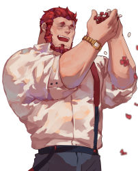 Rule 34 | 1boy, absurdres, alternate costume, bara, beard, casual, denim, closed eyes, facial hair, facing another, fate/grand order, fate/zero, fate (series), flower, guoguo, highres, holding, holding flower, iskandar (fate), jeans, long sideburns, male focus, muscular, open mouth, pants, petals, red hair, sideburns, sketch, sleeves rolled up, solo, standing, watch, white background