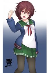 Rule 34 | 1girl, absurdres, artist logo, black pantyhose, blue background, blue jacket, breasts, brown hair, crescent, crescent pin, gradient hair, green sailor collar, green skirt, hair between eyes, hibiki (zerocodo), highres, jacket, kantai collection, long hair, long sleeves, looking at viewer, multicolored hair, mutsuki (kancolle), mutsuki kai ni (kancolle), neckerchief, open mouth, pantyhose, pleated skirt, red hair, sailor collar, school uniform, serafuku, short hair, skirt, small breasts, smile, solo, standing, white background