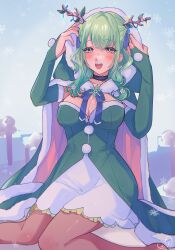 Rule 34 | 1girl, absurdres, alternate costume, antlers, blush, breasts, brown pantyhose, ceres fauna, choker, cleavage, collarbone, earrings, elbow gloves, fingerless gloves, gloves, green gloves, green hair, green nails, highres, hololive, hololive english, horns, jewelry, kokomi (aniesuakkaman), large breasts, looking at viewer, medium hair, mole, mole under eye, open mouth, pantyhose, santa costume, sitting, smile, solo, teeth, virtual youtuber