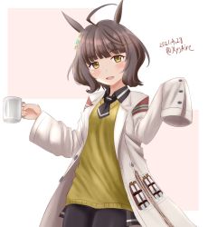 Rule 34 | 1girl, agnes tachyon (umamusume), agnes tachyon (umamusume) (cosplay), ahoge, ame-san, animal ears, black neckerchief, blunt bangs, brown eyes, brown hair, coat, commentary request, cosplay, cup, dated, highres, horse ears, kantai collection, kishinami (kancolle), lab coat, look-alike, looking at viewer, mug, neckerchief, open clothes, open coat, pantyhose, short hair, sleeves past fingers, sleeves past wrists, solo, sweater, sweater vest, twitter username, umamusume, vest, wavy hair, yellow sweater, yellow vest