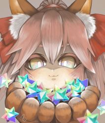 Rule 34 | 1girl, :3, animal ear fluff, animal ears, animal hands, artist request, cat paws, commentary, commentary request, fate/grand order, fate (series), fox ears, fox girl, gloves, hair ribbon, holding, long hair, looking at viewer, paw gloves, pink hair, ponytail, red ribbon, ribbon, saint quartz (fate), solo, stellated octahedron, tamamo (fate), tamamo cat (fate), yellow eyes