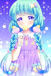Rule 34 | 1girl, beads, blush, bracelet, candy, child, covered mouth, crescent, dress, food, hair beads, hair ornament, heart, heart hair ornament, highres, holding, holding candy, holding food, holding lollipop, jewelry, lollipop, looking at viewer, multicolored background, multicolored eyes, neon ui, original, solo, star (symbol), star hair ornament