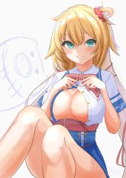 Rule 34 | 1girl, :d, absurdres, akai haato, akai haato (1st costume), bare legs, blonde hair, breasts, green eyes, grin, haaton (akai haato), hair ornament, hair ribbon, heart, heart hair ornament, highres, hololive, large breasts, long hair, no bra, ogura toast, open clothes, open mouth, open shirt, ribbon, school uniform, short sleeves, simple background, smile, solo, virtual youtuber