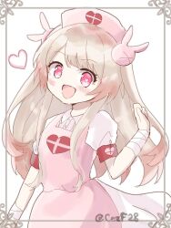 Rule 34 | 1girl, apron, armband, bad id, bad twitter id, bandages, blonde hair, blush, cezf28, chaos marie (grimms notes), cosplay, gradient hair, grimms notes, hat, heart, heart-shaped pupils, highres, long hair, multicolored hair, natori sana, natori sana (cosplay), open mouth, pink apron, pink eyes, puffy short sleeves, puffy sleeves, sana channel, short sleeves, smile, solo, symbol-shaped pupils, twitter username, virtual youtuber, white background