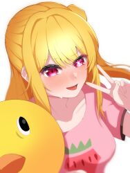 Rule 34 | 1girl, absurdres, bird mask, blonde hair, blush, collarbone, commentary request, food print, full-face blush, hair between eyes, highres, hoshino ruby, long hair, looking at viewer, mask, mismatched pupils, one side up, open mouth, oshi no ko, pieyon, pink eyes, pink shirt, shirt, short sleeves, sidelocks, simple background, smile, solo, star-shaped pupils, star (symbol), strawberry print, sweat, swept bangs, symbol-shaped pupils, upper body, v, white background, yuru octopus