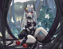 Rule 34 | 1girl, :o, absurdres, apple, arknights, arm between legs, bare shoulders, barefoot, between legs, bikini, black bikini, black horns, black shawl, breasts, candle, candlestand, expressionless, eyes visible through hair, feet, flower, food, fruit, full body, grey hair, hair flower, hair ornament, hand between legs, highres, horns, jewelry, leaf, light particles, long hair, looking at viewer, medium breasts, miritenoru, mudrock (arknights), mudrock (silent night) (arknights), official alternate costume, parted lips, pendant, plant, pointy ears, red apple, red eyes, red flower, ribbon, shawl, sitting, solo, swimsuit, toes, unfinished, white flower, white ribbon, yellow flower
