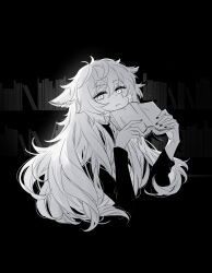 Rule 34 | 1girl, animal ears, arknights, black background, book, commentary request, cropped torso, greyscale, hair between eyes, hands up, highres, holding, holding book, kaleka, lappland (arknights), long hair, long sleeves, looking at viewer, monochrome, nail polish, parted lips, scar, scar across eye, shelf, shirt, solo, upper body, very long hair