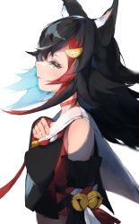 Rule 34 | 1girl, absurdres, animal ear fluff, animal ears, bad id, bad pixiv id, bell, black hair, choker, crying, detached sleeves, hair ornament, hand on own chest, highres, hololive, japanese clothes, kouhaku nawa, long hair, looking at viewer, multicolored hair, ookami mio, ookami mio (1st costume), orange eyes, parted lips, profile, red hair, rope, shimenawa, simple background, solo, tears, two-tone hair, upper body, uzu48kairi, virtual youtuber, white background, wolf ears