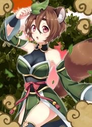 Rule 34 | 1girl, animal ears, bad id, bad pixiv id, black thighhighs, blush, breasts, brown hair, cleavage, detached sleeves, highres, holding, holding leaf, large breasts, leaf, long sleeves, looking at viewer, open mouth, original, red eyes, sakura chiyo (konachi000), short hair, solo, squirrel ears, squirrel tail, tail, teeth, thighhighs