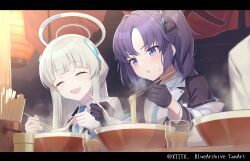 Rule 34 | 2girls, absurdres, black gloves, blue archive, blue necktie, chopsticks, closed eyes, collared shirt, cup, food, gloves, grey hair, halo, highres, holding, holding chopsticks, long hair, long sleeves, mechanical halo, multiple girls, necktie, noa (blue archive), noodles, open mouth, purple eyes, purple hair, ramen, shirt, smile, ttt (xtttx), twitter username, two side up, white shirt, yuuka (blue archive)