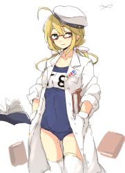 Rule 34 | 10s, 1girl, ahoge, bad id, bad pixiv id, blonde hair, book, coat, covered navel, cowboy shot, glasses, green eyes, hair ribbon, hands in pockets, i-8 (kancolle), kantai collection, kikurina, low ponytail, name tag, red-framed eyewear, ribbon, school swimsuit, semi-rimless eyewear, simple background, solo, swimsuit, swimsuit under clothes, thighhighs, white background, white coat, white thighhighs