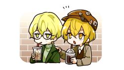 Rule 34 | 1boy, 1girl, blonde hair, chibi, don quixote (project moon), drinking, drinking straw, glasses, jacket, lcwy4149, limbus company, open mouth, project moon, short hair, sinclair (project moon), sweater, upper body, vest, yellow eyes