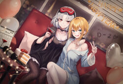Rule 34 | 2girls, alcohol, alternate costume, arm around shoulder, armpit cutout, balloon, bandaid, bandaid on cheek, bandaid on face, black choker, black dress, black thighhighs, blonde hair, blue eyes, blue pajamas, bottle, breasts, cake, calendar (object), choker, cleavage, clothing cutout, collarbone, commentary, couch, cup, drake (nikke), dress, drinking glass, dutch angle, fishnet pantyhose, fishnets, food, goddess of victory: nikke, grin, hair between eyes, hair ornament, hairclip, happy new year, heart balloon, highres, holding, holding cup, indoors, lkeris, looking at viewer, loungewear, maxwell (nikke), medium breasts, multiple girls, new year, night, off shoulder, open mouth, pajamas, pantyhose, parted bangs, pillow, red eyes, red wine, short hair, short hair with long locks, sidelocks, single bare shoulder, sitting, sleep mask, smile, tank top, teeth, thighhighs, upper teeth only, v, white hair, white tank top, wide sleeves, wine, wine bottle, wine glass