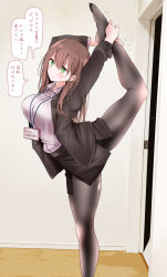 Rule 34 | 1girl, @ @, arched back, arms up, black jacket, black pantyhose, black skirt, blush, breasts, brown hair, collared shirt, fine fabric emphasis, foot out of frame, green eyes, hair between eyes, highres, holding leg, indoors, jacket, large breasts, leg up, legs, long hair, looking to the side, no shoes, office lady, ol-chan (oouso), oouso, original, paid reward available, pantyhose, pencil skirt, photo background, pink shirt, shiny clothes, shirt, sidelocks, skirt, solo, standing, standing on one leg, stretching, suit jacket, thighband pantyhose, thighs, thought bubble, torn clothes, torn pantyhose, translation request, trembling, white shirt