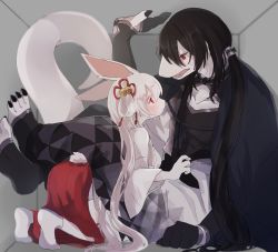 Rule 34 | 1boy, 1girl, animal ears, black hair, blush, colored skin, cramped, from side, furry, hetero, highres, in container, interspecies, japanese clothes, lizard tail, long hair, long skirt, meg (115meg), miko, original, profile, rabbit ears, rabbit tail, red eyes, red skirt, size difference, skirt, smile, sweat, tabi, tail, toeless legwear, white hair, white skin