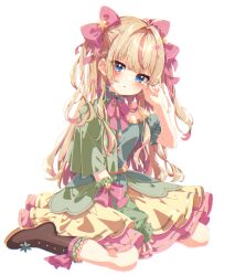 Rule 34 | 1girl, antenna hair, blonde hair, blue eyes, blush, boots, bow, bowtie, brown footwear, commission, detached sleeves, dress, flower, frills, full body, green dress, hair bow, hair flower, hair ornament, indie virtual youtuber, long hair, looking at viewer, lupin walker, mamyouda, multicolored hair, pink bow, pink hair, simple background, sitting, skeb commission, solo, streaked hair, two-tone hair, two side up, wariza, white background