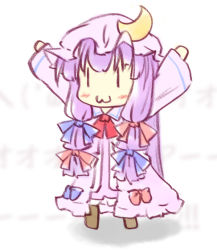 Rule 34 | 1girl, :3, bad id, bad pixiv id, bow, chibi, crescent, dress, female focus, hair bow, hat, natsuki (silent selena), outstretched arms, patchouli knowledge, purple hair, solo, standing, touhou, | |
