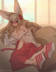 Rule 34 | 1girl, alcohol, animal ears, blush, breasts, clog sandals, fox ears, fox tail, full body, highres, light particles, lying, medium breasts, nail polish, nipples, okobo, on side, original, red nails, sake, sandals, sandcasks, tail