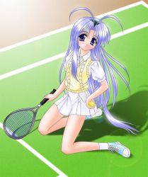 Rule 34 | antenna hair, ball, blue eyes, blue hair, long hair, mamotte shugogetten!, mutsuki mikatsu, racket, shugogetten shaolin, skirt, solo, tennis ball, tennis court, tennis racket