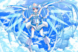 Rule 34 | 1girl, alternate costume, blue eyes, blue hair, boots, feathers, female focus, hatsune miku, highres, long hair, matching hair/eyes, mechanical wings, naox, outdoors, sky, smile, solo, thighhighs, twintails, very long hair, vocaloid, wings, wink, zettai ryouiki