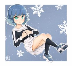 Rule 34 | 1girl, aqua eyes, atorie, blue background, blue footwear, blue hair, blue shirt, blue socks, blush, border, closed mouth, female focus, flat chest, full body, hands on own chest, highres, himekawa fubuki, kneehighs, long sleeves, looking at viewer, miniskirt, neckerchief, nose blush, outline, own hands together, pleated skirt, sailor collar, school uniform, serafuku, shirt, shoes, short hair, simple background, skirt, snowflakes, socks, solo, striped clothes, striped shirt, white border, white neckerchief, white outline, white sailor collar, white skirt, youkai watch, youkai watch jam: youkai gakuen y