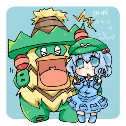 Rule 34 | &gt; &lt;, 1girl, bad id, bad pixiv id, blue background, blue eyes, blue hair, blush, character name, chibi, closed eyes, creatures (company), crossover, game freak, gen 3 pokemon, hair bobbles, hair ornament, hat, kawashiro nitori, lowres, ludicolo, nintendo, pokemon, pokemon (creature), power connection, short hair, simple background, takamura, touhou, two side up, wrench