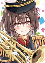 Rule 34 | 1girl, alternate costume, band uniform, brown eyes, brown hair, commentary request, confetti, dairyo3, epaulettes, gloves, hat, highres, instrument, kantai collection, looking at viewer, peaked cap, sendai (kancolle), short hair, simple background, smile, solo, trumpet, two side up, white background, white gloves, white hat
