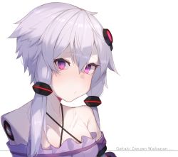 Rule 34 | 1girl, android, bare shoulders, breasts, collarbone, criss-cross halter, dress, hair between eyes, hair ornament, halter dress, halterneck, missing limb, pout, purple eyes, purple hair, romaji text, short hair with long locks, sidelocks, simple background, solo, tearing up, upper body, vocaloid, voiceroid, white background, yuzuki yukari, zoruboi