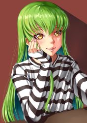 Rule 34 | 1girl, absurdres, c.c., code geass, green hair, head rest, highres, lips, long hair, long sleeves, looking at viewer, nail polish, pink nails, reaching, reaching towards viewer, selfie, shirt, sleeves past wrists, smile, striped clothes, striped shirt, xiao gen, yellow eyes
