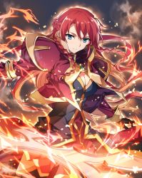 Rule 34 | 10s, 1girl, blue eyes, blurry, braid, breasts, cleavage, cleavage cutout, clothing cutout, depth of field, fire, frown, long hair, multicolored hair, re:creators, red hair, selesia upitiria, solo, spoilers, sword, tsuezu, two-tone hair, weapon