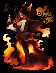 Rule 34 | 1girl, animal ears, animal hands, black background, black collar, black hair, burning, centauroid, claws, collar, colored sclera, dress, embers, fang, fang out, fangs, fangs out, fiery ears, fiery hair, fiery tail, fingernails, fire, flaming hand, frilled dress, frilled sleeves, frills, fur, glowing, glowing eyes, glowing hand, hands up, highres, hogara, lace-up top, long hair, looking at viewer, monster girl, multicolored hair, original, red sclera, sharp fingernails, sharp teeth, signature, spiked collar, spikes, tail, taur, teeth, veil
