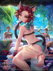 Rule 34 | 1girl, 2boys, animal ears, anklet, ass, back, barefoot, bikini, blush, brown eyes, brown hair, cat ears, cat tail, dated, day, feet, flower, furyou michi ~gang road~, hair ribbon, ingfox, jewelry, looking back, lots of jewelry, multiple boys, nail polish, ocean, original, oshimi honomi, palm tree, pier, red hair, ribbon, rose, salad, sandals, shoes, unworn shoes, short hair, sky, smile, soles, solo focus, sunglasses, swimsuit, tail, toes, tree, water, wavy hair, yellow eyes