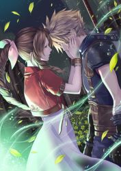 Rule 34 | 1boy, 1girl, aerith gainsborough, armor, bandaged arm, bandages, bangle, belt, blonde hair, blue pants, blue shirt, bracelet, braid, braided ponytail, brown hair, buster sword, cloud strife, cowboy shot, cropped jacket, dress, earrings, falling petals, final fantasy, final fantasy vii, final fantasy vii remake, flower, gloves, green eyes, hair ribbon, hands on another&#039;s cheeks, hands on another&#039;s face, jacket, jewelry, lifestream, long dress, long hair, looking at another, multiple belts, non-web source, pants, papiwanko, parted bangs, petals, pink dress, pink ribbon, red jacket, ribbon, shirt, short hair, short sleeves, shoulder armor, sidelocks, single earring, sleeveless, sleeveless turtleneck, spiked hair, turtleneck, wavy hair, weapon, weapon on back, yellow flower