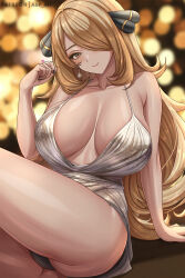 Rule 34 | 1girl, abpart, black nails, blonde hair, breasts, cleavage, commentary, creatures (company), cynthia (pokemon), dress, earrings, english commentary, game freak, hair ornament, hair over one eye, highres, jewelry, large breasts, long hair, looking at viewer, nintendo, pokemon, pokemon dppt, sitting, smile, solo, thighs, very long hair, white dress