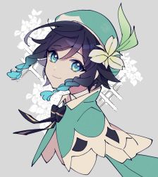 Rule 34 | 1boy, amefurin, androgynous, beret, black hair, blue eyes, blue hair, bow, braid, cape, closed mouth, collared cape, commentary, floral background, flower, from side, genshin impact, gradient hair, green hat, grey background, hair flower, hair ornament, hat, highres, leaf, looking at viewer, male focus, multicolored hair, short hair with long locks, simple background, smile, solo, sparkle background, symbol-only commentary, twin braids, venti (genshin impact), white flower