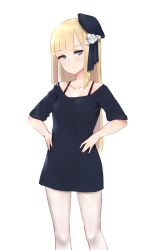 Rule 34 | 1girl, bad id, bad pixiv id, beret, black hat, black ribbon, black shirt, blonde hair, blue eyes, blunt bangs, breasts, collarbone, commentary request, fate (series), flower, hair flower, hair ornament, hands on own hips, hat, head tilt, highres, jilu, long hair, looking at viewer, lord el-melloi ii case files, pantyhose, parted lips, reines el-melloi archisorte, ribbon, rose, shirt, short sleeves, sidelocks, simple background, small breasts, solo, tilted headwear, very long hair, white background, white flower, white pantyhose, white rose