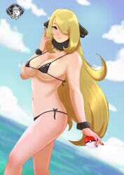 Rule 34 | 1girl, absurdres, artist logo, bikini, black bikini, blonde hair, blue sky, blurry, blurry background, breasts, closed mouth, cloud, creatures (company), cynthia (pokemon), day, from side, fur collar, fur cuffs, game freak, hair ornament, hair over one eye, highres, holding, holding poke ball, index finger raised, large breasts, long hair, looking at viewer, navel, nintendo, ocean, outdoors, poke ball, poke ball (basic), pokemon, pokemon dppt, purple nails, sky, smile, solo, stomach, strap gap, string bikini, swimsuit, theshini, thighs, very long hair