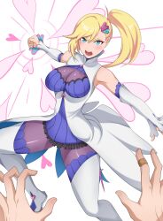Rule 34 | 1boy, 1girl, angry, armpits, bandages, blonde hair, blue dress, blue eyes, blush, boots, breasts, cleavage, cleavage cutout, clothing cutout, coat, dress, elbow sleeve, fighting stance, hair between eyes, hair ornament, hair over one eye, heart, large breasts, looking at viewer, meowdeer, minerva (re:zero), ponytail, pov, pov hands, punching, re:zero kara hajimeru isekai seikatsu, thick thighs, thigh boots, thighhighs, thighs, white coat, wide hips