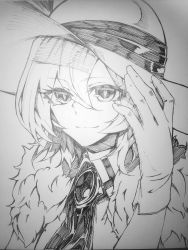 Rule 34 | 1girl, brooch, character request, closed mouth, fur collar, gloves, greyscale, hair between eyes, hand up, hat, highres, jewelry, looking at viewer, monochrome, neck ribbon, photo (medium), portrait, ribbon, shukusuri, smile, solo, sun hat, touhou, traditional media, wing collar