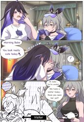 Rule 34 | !, 3girls, 3koma, alternate costume, black choker, blue hair, breasts, bronya rand, cesar zebrah, choker, closed mouth, collarbone, colored inner hair, comic, commentary, couple, crossed bangs, drill hair, earrings, english commentary, english text, eyewear on head, goggles, grey eyes, grey hair, hair between eyes, hand on another&#039;s face, height difference, highres, holding, holding phone, honkai: star rail, honkai (series), indoors, jacket, jewelry, kiss, large breasts, long hair, looking at another, looking at phone, medium breasts, misunderstanding, multicolored hair, multiple girls, one eye closed, open mouth, phone, seele (honkai: star rail), shirt, silver wolf (honkai: star rail), squeans, standing, tea set, twitter username, upper body, very long hair, waking up, white shirt, window, yuri