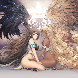 Rule 34 | 2girls, :q, ahoge, angel, armlet, bare shoulders, barefoot, blonde hair, blue eyes, blush, breast press, breasts, brown hair, curly hair, dark-skinned female, dark skin, dmt (auburn), feathered wings, full body, granblue fantasy, halluel (granblue fantasy), head wings, highres, large breasts, leotard, long hair, looking at viewer, malluel (granblue fantasy), multiple girls, seiza, sitting, smile, symmetrical docking, thighs, tongue, tongue out, very long hair, wings